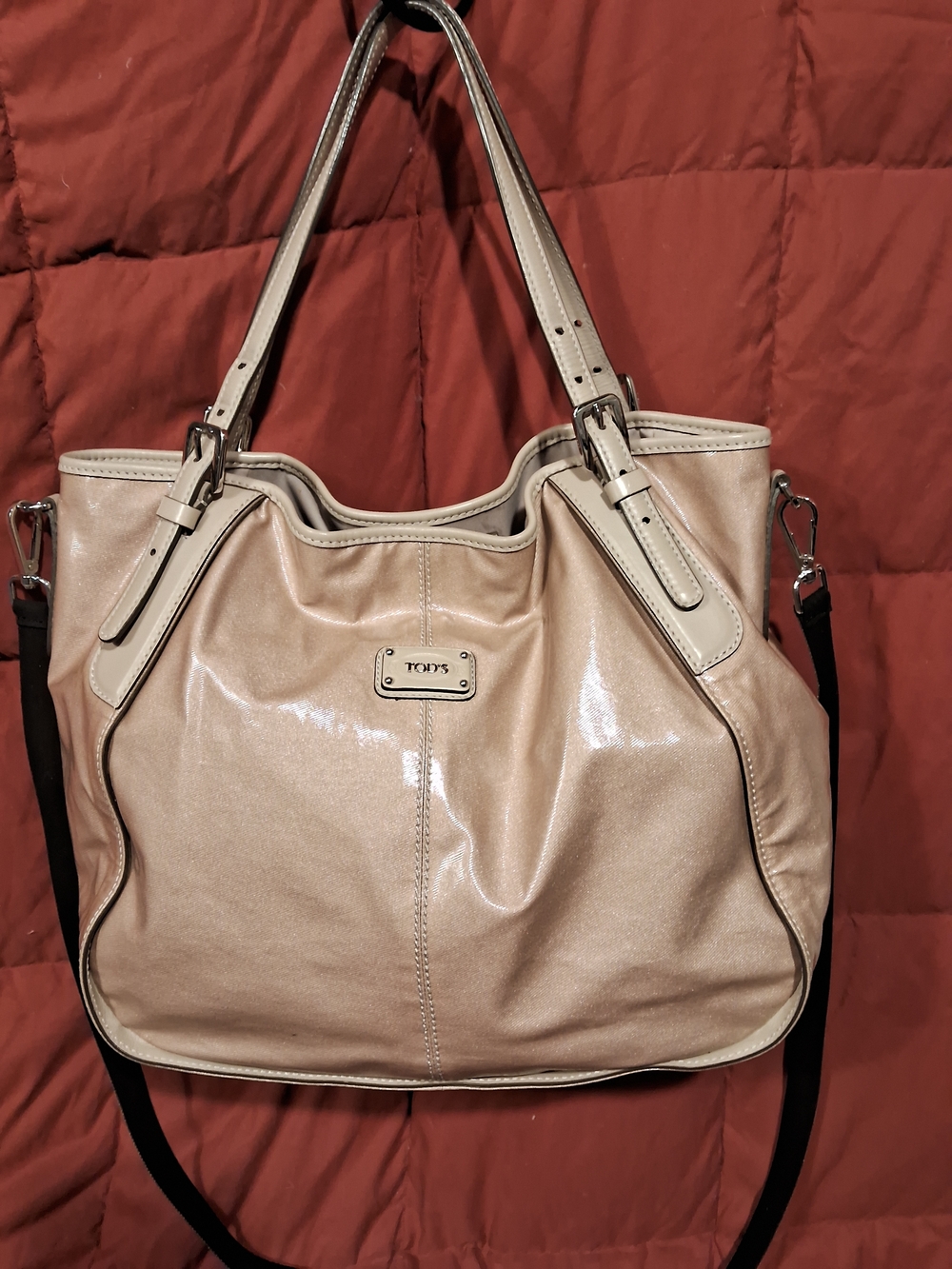 Tod's Beige Coated Canvas Leather Crossbody Tote w/ Black Bling Crossbody Strap